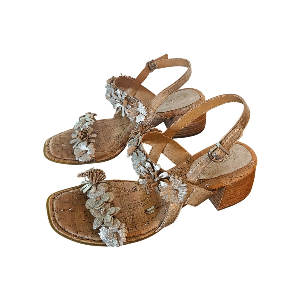 Born Kheli Floral Block Heel Sandals Metallic Gold Silver Leather Womens 9M - Picture 3 of 7